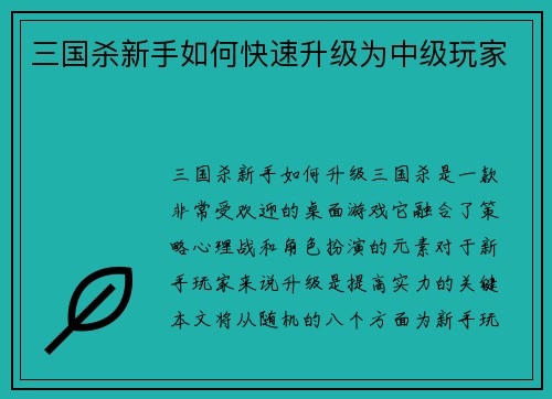 三国杀新手如何快速升级为中级玩家