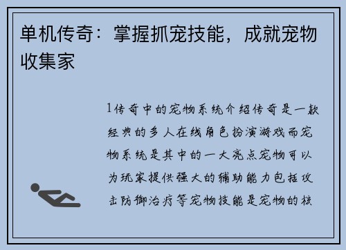 单机传奇：掌握抓宠技能，成就宠物收集家