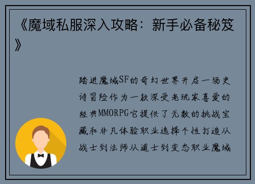 《魔域私服深入攻略：新手必备秘笈》